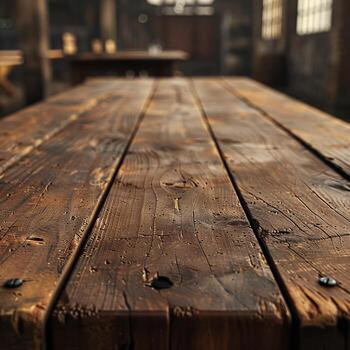 A close up of an old wooden table made of wide planks with the background out of focus. photo