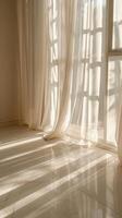 Warm sunlight shines through the sheer curtains and illuminates the empty room.Ying Zao Wen Xin Shu Gua De Ju Jia Fen Wei . photo