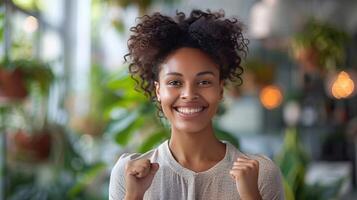 Happy young woman celebrating success photo