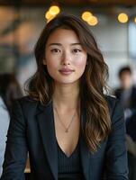 A photo of a young Asian woman wearing a black suit jacket and a black v-neck shirt. She has long brown hair and is looking at the camera with a serious expression.