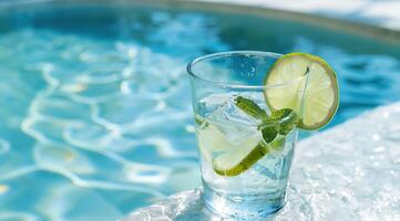 A refreshing glass of water with lime and mint by the pool photo