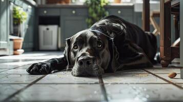 A black dog is lying on the floor, looking sad photo