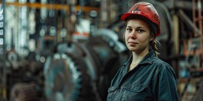 A woman in a hard hat standing in a factory, looking at the camera with a confident expression. She is wearing a green jumpsuit and a red hard hat. photo