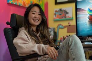 A young woman with long dark hair is sitting in a colorful room. She is smiling and looking at the camera. She is wearing a pink hoodie and blue jeans. photo