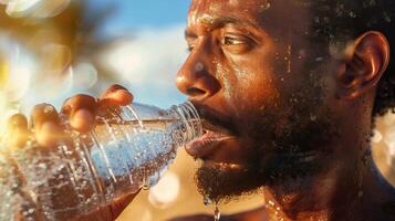 A man is drinking water from a bottle. He is sweating and looks hot. He is wearing a black tank top. The background is blurred. photo