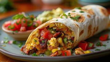 A delicious breakfast burrito filled with eggs, bacon, and cheese. photo