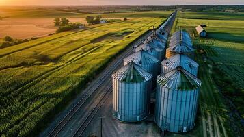 A group of metal grain silos sit in a rural field at sunset. photo