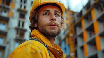 Portrait of a confident construction worker wearing a hard hat and safety vest, looking at the camera with a determined expression. photo