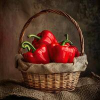 Red bell peppers in a basket on a wooden table. photo