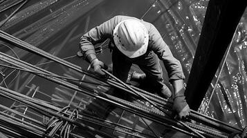 Construction worker wearing hard hat and safety gear working on a building under construction. photo