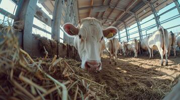 A cow eating hay in a barn. photo