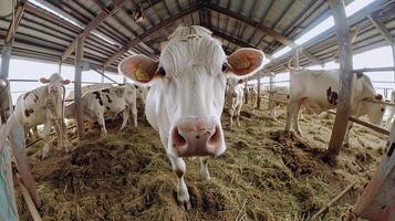 A group of cows standing in a barn photo