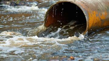 pipe with dirty water flowing out of it into the river. The water is polluted and looks dangerous. photo