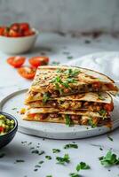 A delicious and easy-to-make quesadilla with a crispy tortilla, melted cheese, and your favorite fillings. photo