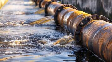 large pipe with water flowing out of it. The water is dirty and looks polluted. The pipe is rusty and old. photo