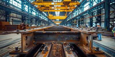 Large metal structure being constructed in a factory using yellow overhead crane. photo