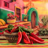 Red and green chili peppers in a bowl with a colorful background. photo
