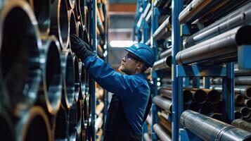 Oil and gas worker checking the quality of pipes in the warehouse photo
