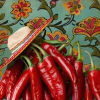 Red chili peppers in a straw hat with a colorful floral background. photo