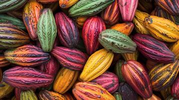 Cocoa pods, the colorful fruit of the cocoa tree, are the source of chocolate. photo