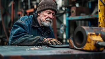 An old man wearing a beanie and a blue work jacket is working in a machine shop. photo