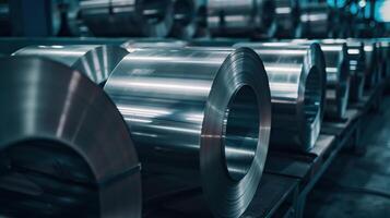Large metal rolls sit side by side in a factory, waiting to be processed. photo