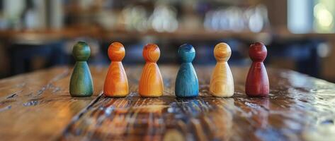 Colorful wooden people on a wooden table. photo