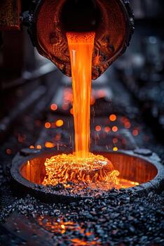 Amazing photo of molten metal being poured from a ladle into a container.