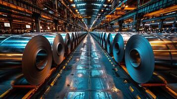 Large rolls of steel in a factory setting. photo