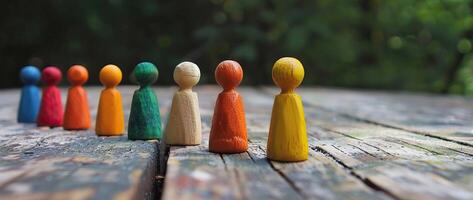 A group of colorful wooden people stand in a row on a wooden table against a blurred background. photo