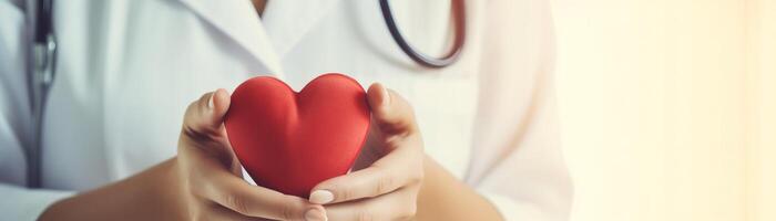 A doctor holding a red heart in the palm of their hands photo
