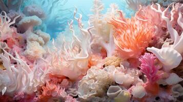 Underwater scene of a coral reef with various types of coral and fish photo