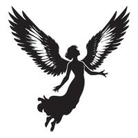 An angel in mid air illustration in black and white vector