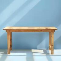 There is a wooden table in front of a blue background. photo