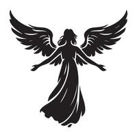 An angel with wings fully open illustration in black and white vector