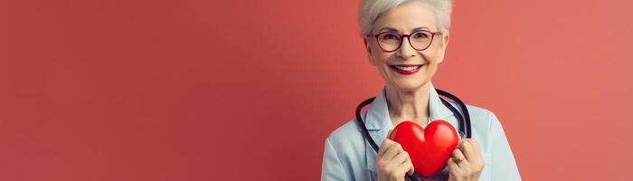 An elderly female doctor in a white coat and stethoscope holds a red heart in her hands. photo