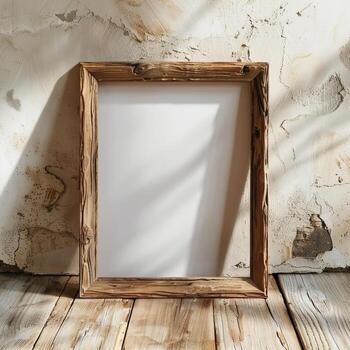 An empty wooden frame is placed on a wooden floor against a white concrete wall with shadows of leaves on it. photo