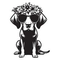 vizsla perro con flor corona y lentes ilustración vector