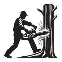 illustration of a lumberjack cutting a tree with a chainsaw in black and white vector