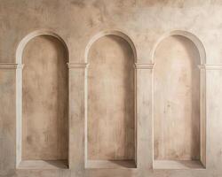 Three arched niches in a stone wall. photo