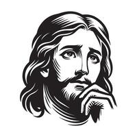 Jesus contemplative look face illustration in black and white vector