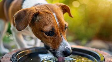 A dog is drinking water from a bowl outside. The dog has brown and white fur and is looking up at the camera. The background is blurry and looks like a field of grass. photo