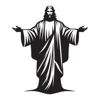 Jesus ascending to heaven with hands lifted illustration in black and white vector