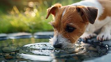 A cute brown and white dog drinking from a puddle outside. photo