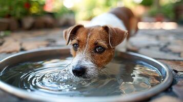 A cute brown and white dog drinking water from a bowl outside. photo