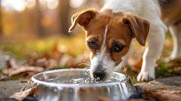 un linda sediento Jack Russell terrier Bebiendo desde un cuenco afuera. foto