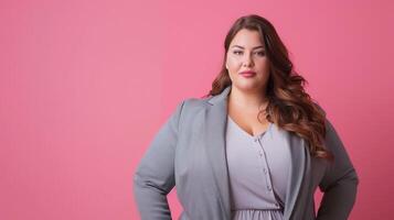 Confident and beautiful plus size model in gray suit posing on pink background. photo