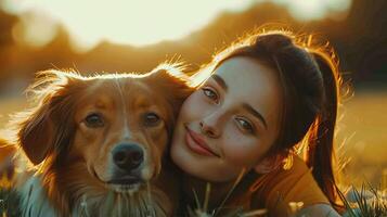 young woman and her golden retriever dog photo