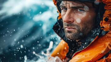 A man in a survival suit is being rescued from the ocean by a team of rescuers. The man is being lifted into a rescue boat while the rescuers are trying to keep him calm. photo