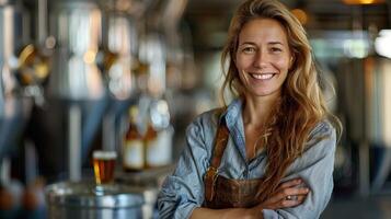 Confident beautiful young woman standing with arms crossed in a brewery. photo